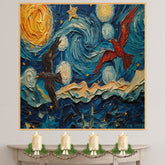 Starry Night Folk Art with Birds – Colorful Impressionist Sky Wall Art Print – Van Gogh Inspired Patriotic Red and Black Birds Soaring in Whimsical Night Sky on Ready to Hang 1.5" Thick Canvas Wrap, Floating Framed Canvas, Flat Rolled Canvas